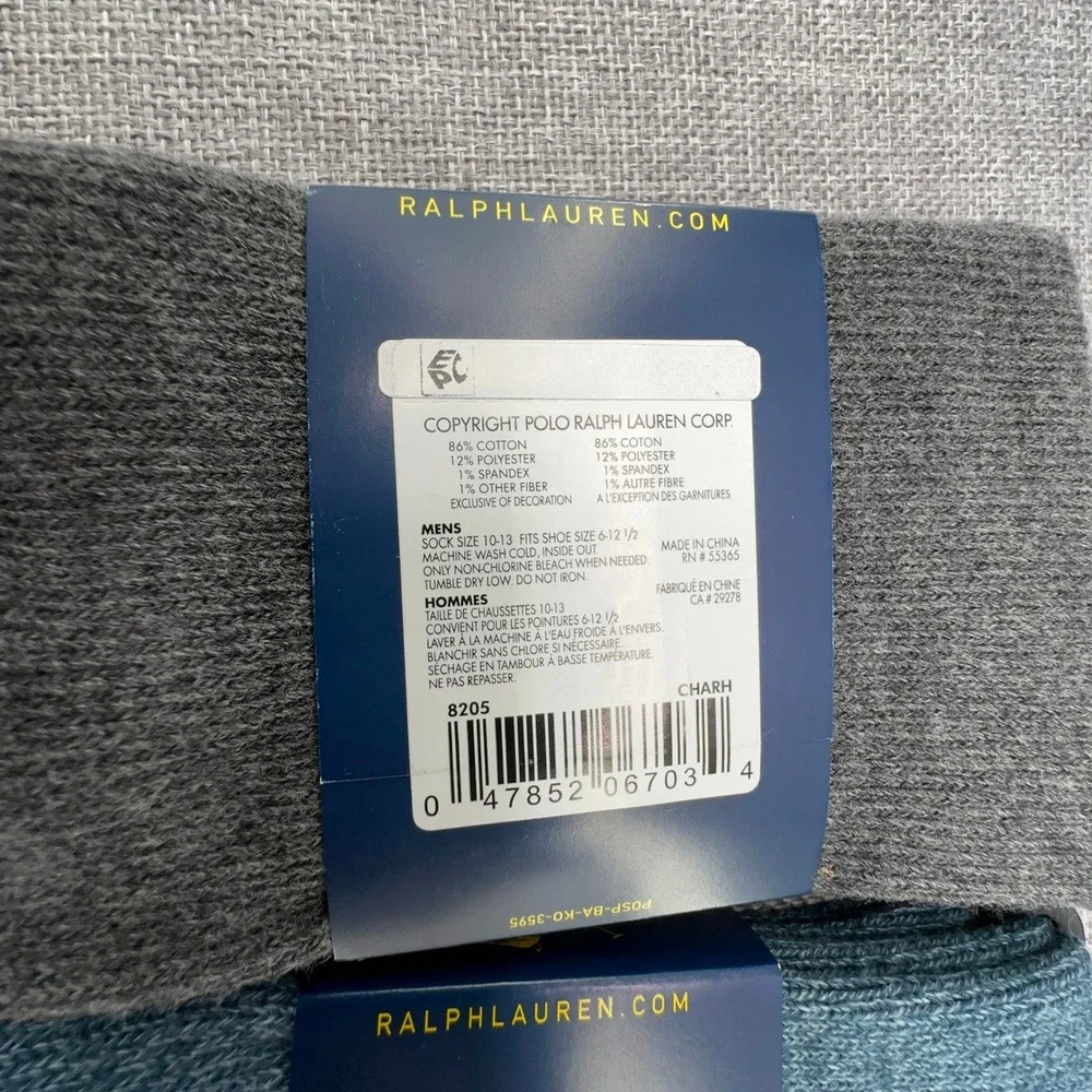 2 Pair of Polo Ralph Lauren Crew Socks Mens Sz 10-13 Grey Blue Ribbed Cotton NEW